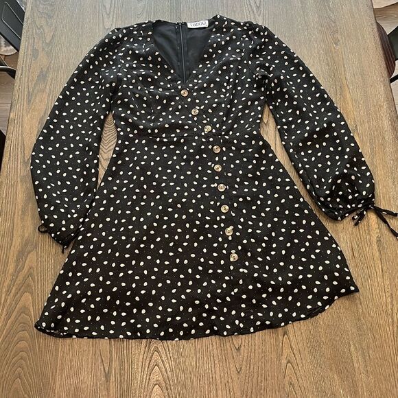 Taroo Black White Polkadot Mini Length Shift Dress Long Bubble Sleeve Size S - Picture 1 of 4